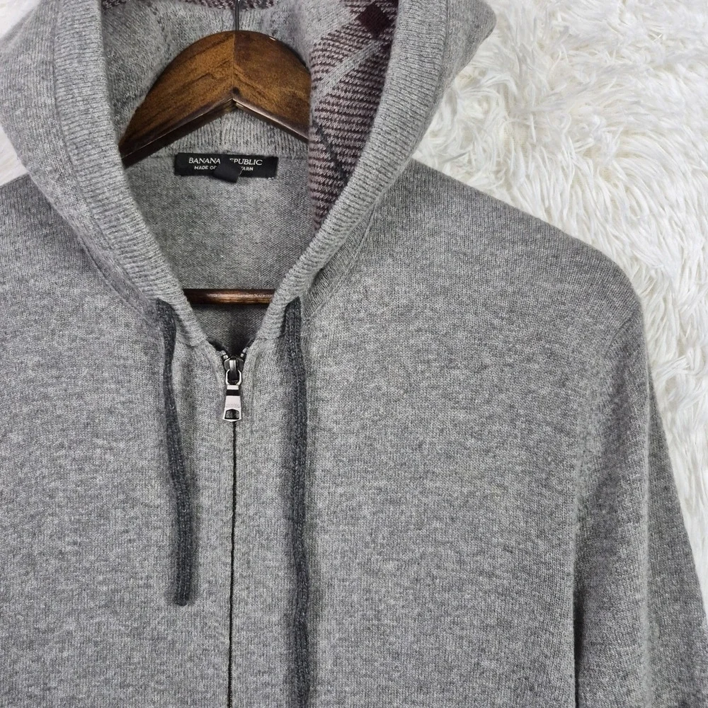 Banana Republic Mens Merino Wool Blend Full Zip Hoodie Gray Elbow Patch Medium